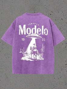 Graphic Tees Men Double Sided Washed Printing Modelo UFO Cowboy Graphic Water Gifts Ropa De Hombre Summer Clothes Summer Summer Tops - 紫羅蘭色 - 查看 6