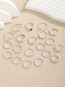 Bộ 20 chiếc nhẫn bạc sáng bóng kiểu Bohemian đơn giản, nhiều họa tiết, bao gồm hình trái tim, chữ cái, cánh, vương miện, đá quý và các yếu tố khác, thích hợp làm quà tặng hàng ngày, theo mùa, đi nghỉ mát, đi biển, dịp lễ. - Nhiều màu - Xem 2
