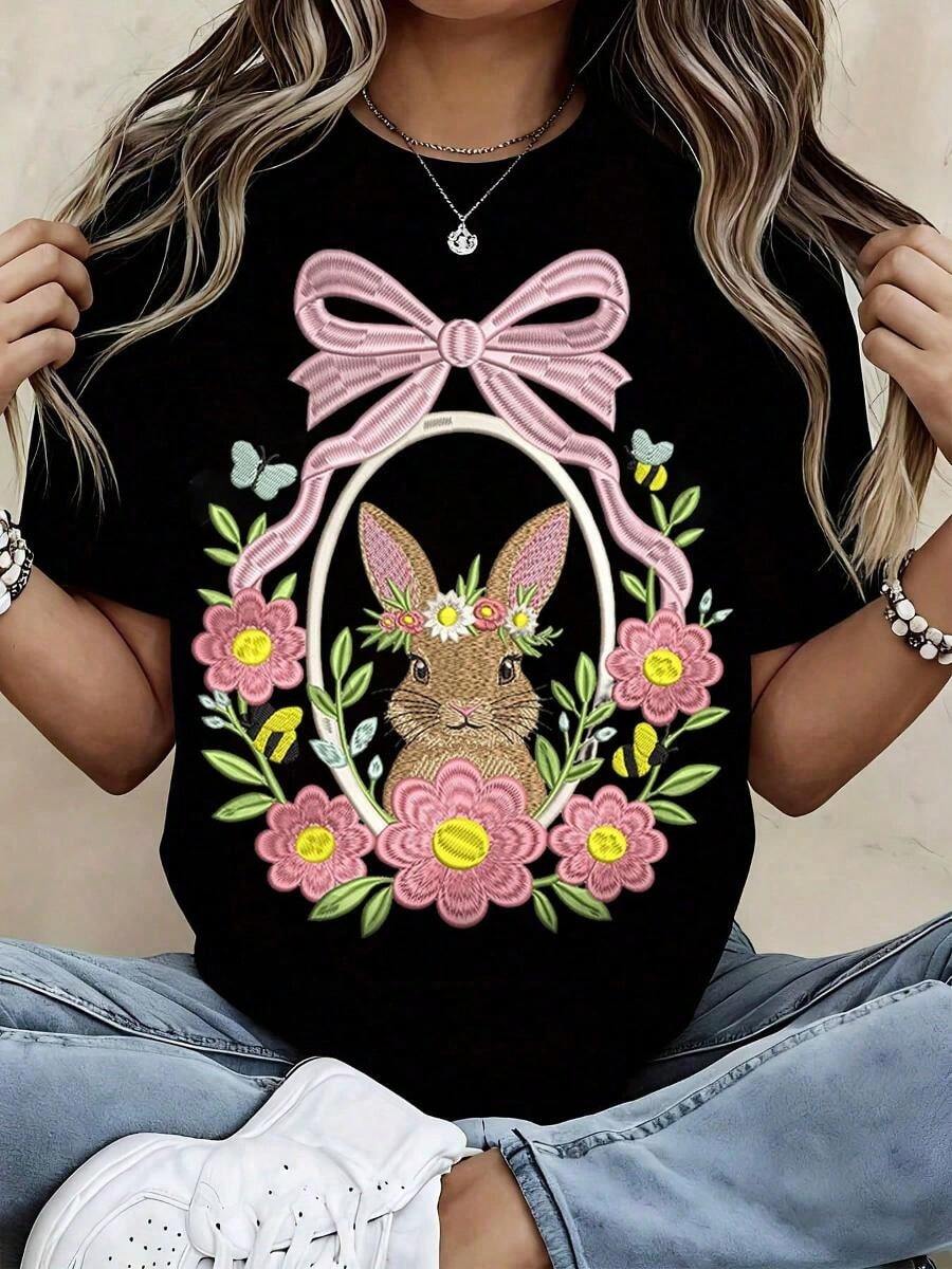 Women Easter Bunny With Flowers And Bow Embroidered Design Pure Cotton Casual Round Neck T Shirt Soft Comfortable Spring Summer Wear - 紅色 - 查看 1