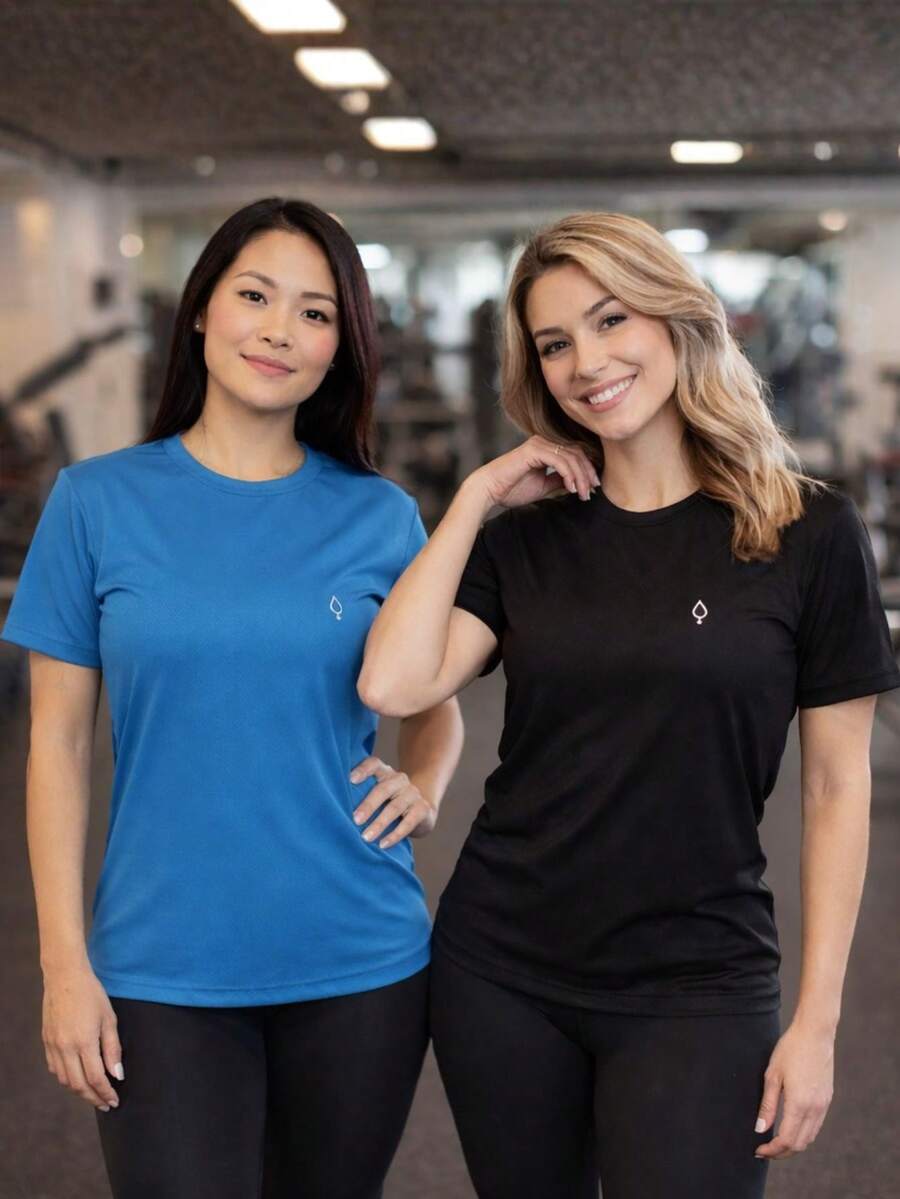 Kit Of 2 Women's Dry Short Sleeve T-Shirts For Basic Gym Workout - Negro/Turquesa - Ver 1