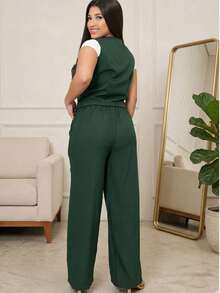 Women's Tailored Set: Vest And Wide-Leg Pants. Elegant, Casual, Chic, Modern, Conservative/Modest. Party/Fabric. Buttons Down The Front. Gathered Waist. Women's Formal Set. Office/Baby Shower/Formal And Evening. Holidays/Home/Summer, Spring And Autumn. - 軍綠色 - 查看 3