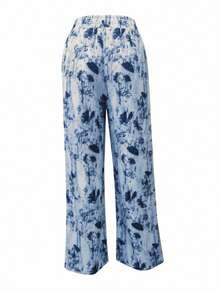 Women's High Waist Retro Black Butterfly Pattern Straight Leg Pants, Suitable For Casual Outings And Vacations In Spring/Summer - Blue - View 5