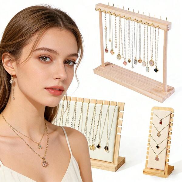 3 piezas Juego de soportes de exhibición de joyas de madera, estante para collares de madera natural premium con ganchos, soporte para exhibir aretes cubierto de lino, organizador vertical pequeño de joyas, almacenamiento libre de enredos para collares, cadenas, pulseras, aretes, ferias artesanales, regalo