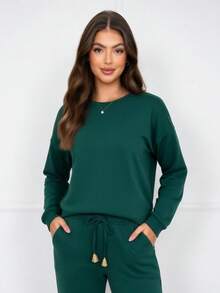 Women's Casual Long Sleeve Pants Set With Drawstring - Comfortable Winter/Autumn Fashion Blogger Style - 墨綠色 - 查看 4