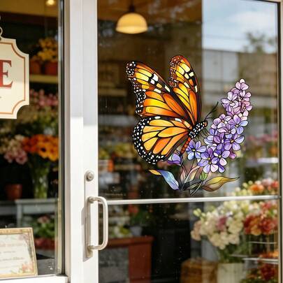 1/5pcsVintage Style, Exquisitely Colored Floral And Bird Window Decals, Adorned With Butterfly And Flower Patterns. Reusable And Glue Free, Suitable For Cabinets, Doors, Windows, And Home Decor.