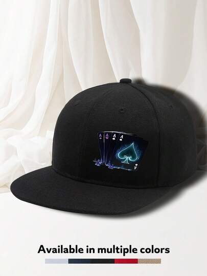 Mũ lưỡi trai nam màu đen in hình quân bài, có thể điều chỉnh kích cỡ, kiểu dáng thường ngày, phong cách đường phố hip hop, phù hợp cho mặc hàng ngày và dự tiệc.
