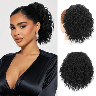 Tóc giả đuôi ngựa ngắn 8 inch, kiểu tóc đuôi ngựa xoăn gợn sóng, có dây rút, màu đen, tóc nối tổng hợp dùng hàng ngày.