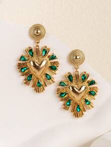 1 Pair Vintage Baroque Style Golden Heart-Shaped Faux Gemstone Dangle Earrings, Versatile Accessory For Formal Gowns, Banquets And Parties - Green - View 13