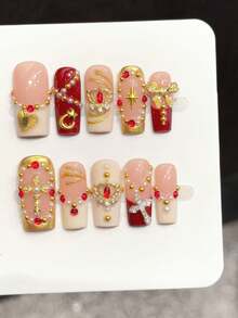 10pcs Square Handmade Nail Stickers, Lake Blue French Diamond, 3D White Flowers, Suitable For Parties And Daily Wear. Suitable For Girls And Women's Holiday Parties, Music Festivals And Daily Wear, Valentine's Day And Mother's Day Gifts - Red - View 1