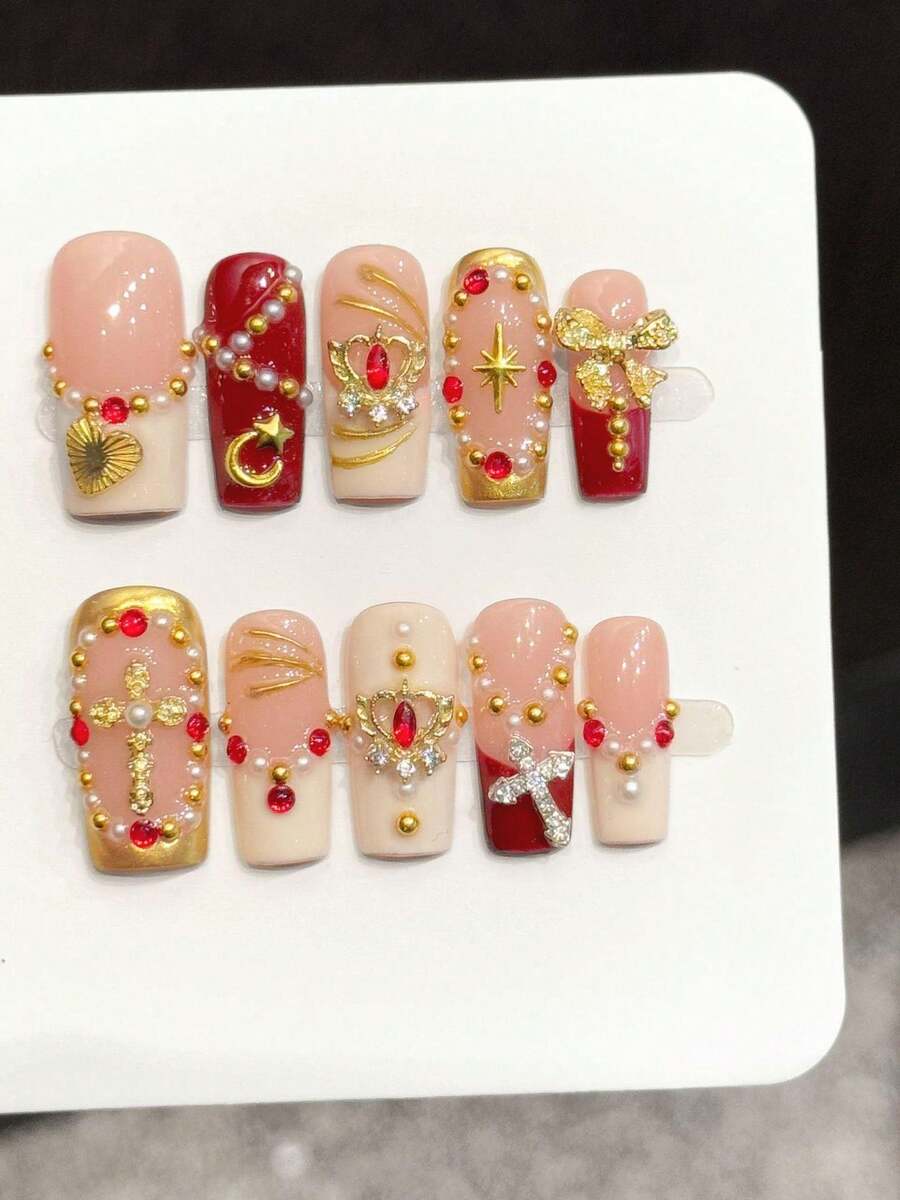 10pcs Square Handmade Nail Stickers, Lake Blue French Diamond, 3D White Flowers, Suitable For Parties And Daily Wear. Suitable For Girls And Women's Holiday Parties, Music Festivals And Daily Wear, Valentine's Day And Mother's Day Gifts - Red - View 1