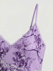 女士优雅印花波西米亚风度假高弹蕾丝V领长款连衣裙，夏季 - 紫色 - 查看 4