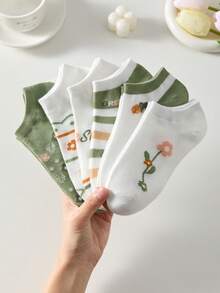 5 Pairs Women's White & Green Breathable Floral & Letter Pattern Ankle Socks, Cute & Comfortable, Random Colors, Suitable For All Seasons - Multicolor - View 8