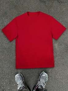 Manfinity LEGND Loose Fit Men's Solid Color Round Neck Short Sleeve Casual T-Shirt - Red - View 4