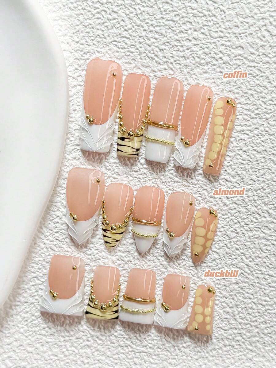 10Pcs Luxurious And Elegant Style Handmade Nail Art Set,Unghie Press On,Golden Pearl Nail Art Accessories,Line Nail Art Decorations,Yellow Nail Polish,Noble And Stylish Aesthetic,Comes With Nail Tools(1 Sheets Jelly Stickers+1PC Nail File)3 Sizes Available,Almond Nails, Duck Nails,Coffin Nails,Suitable For Reunion,Daily,Party,Photograph,Play,Spring Summer,Commute Supplies Nails - 彩色 - 查看 1
