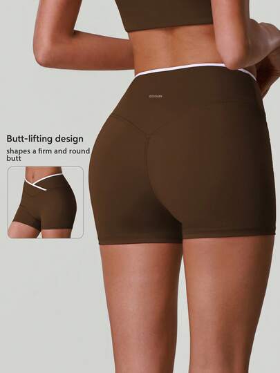 Quần short yoga nữ mùa hè phối màu, cạp chéo, nâng mông, kiểu biker, tập thể dục, chạy bộ, đồ tập luyện thể thao năng động.