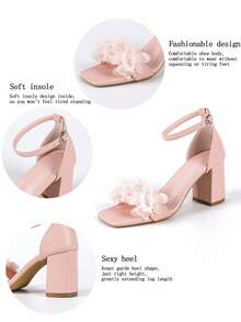 Sandalias de tacón alto con puntera cuadrada y decoración floral rosa para mujer, con correa de tobillo, zapatos de boda y novia, zapatos de verano - Rosa - Ver 10