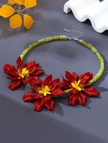 1 buah Kalung Berlapis Motif Bunga yang Berlebihan, Kalung Choker Modis, Liontin Unik untuk Musim Panas - Merah - View 5