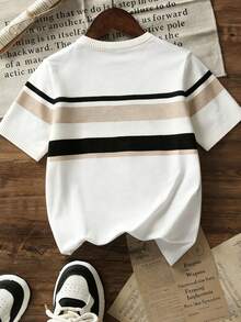Little Boy Round Neck Color Block Striped Knit Short Sleeve Top, Casual Lightweight Pullover Sweater, Suitable For Spring, Autumn And Summer Daily Wear - Apricot - View 4