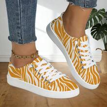 1 Paar Zebra-Muster Damenschuhe, Kontrast in Gelb & Weiß, kreatives Druckmuster, Schnürsenkel, Niedrig-Top Casual Sneaker, vielseitig für Streetwear, Pendeln und alle Jahreszeiten - Orange - Übersicht 2
