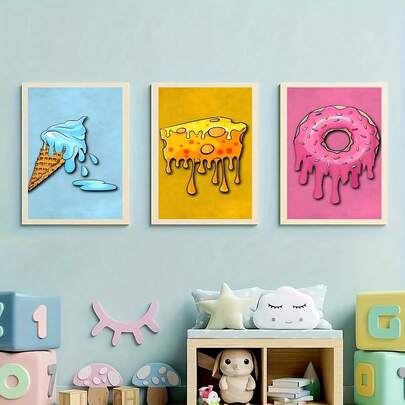 1/3 bức tranh phẳng 2D với thiết kế thực phẩm tan chảy sống động, bao gồm kem, phô mai và bánh rán. Tranh treo tường trang trí phòng trẻ em, tranh làm đẹp tường.