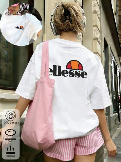 Nowość na wiosnę/lato dla kobiet: Stylowa i wygodna, luźna, biała bawełniana koszulka z logo Ellesse, uniwersalna do noszenia na co dzień w mieście