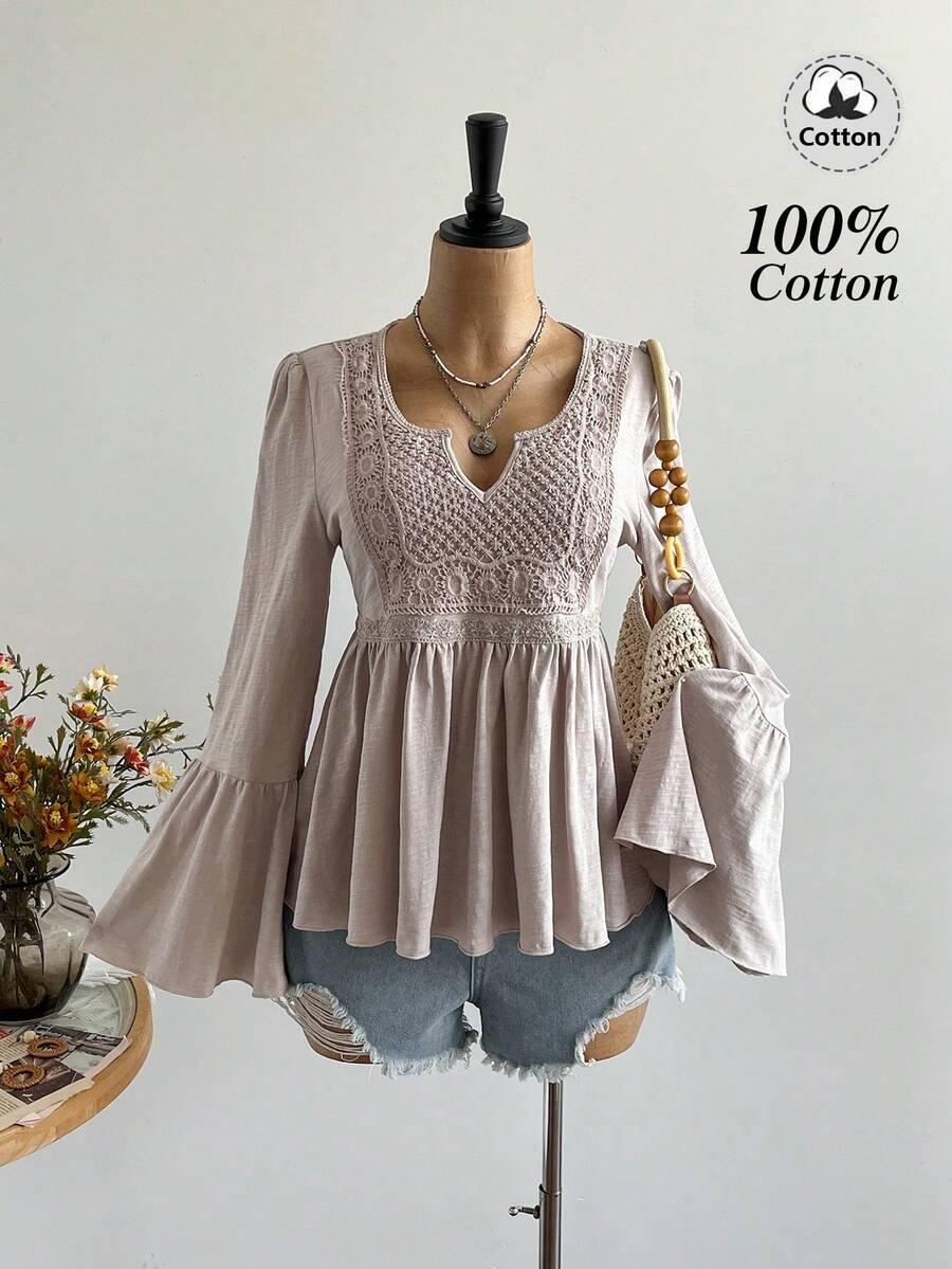 Rusttydustty Khaki Casual Vacation Flare Sleeve Top, Suitable For Boho Style, Daily Wear, Beach Outfit, Music Festival, Etc. Spring - Flax - View 1