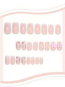 24pcs Set French Romantic 3D Pink Floral Petals & 3D Bow Laser Rhinestone Nail Stickers, Instant Upgrade Your Look. This Full Cover DIY Fake Nails Set Is Suitable For Daily Wear In Spring, Adding A Charming Romantic Vibe To Your Style. - Baby Pink - View 2