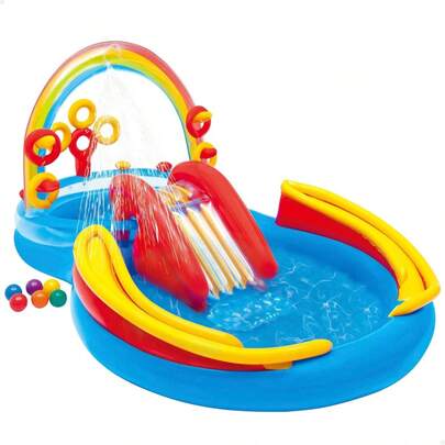 2026 Piscina inflable multicolor de arcoíris de 9.75ft X 6.3ft X 53in para niños, centro de juegos con tobogán de agua y lanzamiento de aros, juguetes de agua para exteriores divertidos para niños de 2+ años, ideal para fiestas en interiores y exteriores, uso diario en el hogar y actividades de viaje