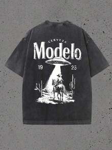 Graphic Tees Men Double Sided Washed Printing Modelo UFO Cowboy Graphic Water Gifts Ropa De Hombre Summer Clothes Summer Summer Tops - 黑色 - 查看 2