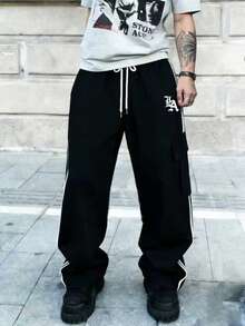 Men's Casual Fashion Letter Print Drawstring Waist Striped Cargo Pocket Straight Leg Pants - Black - View 1