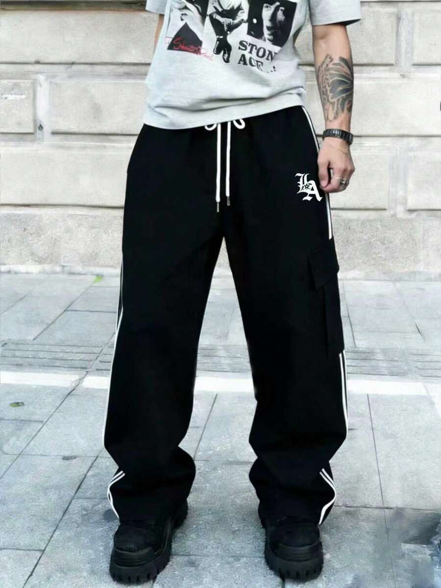 Men's Casual Fashion Letter Print Drawstring Waist Striped Cargo Pocket Straight Leg Pants - Black - View 1