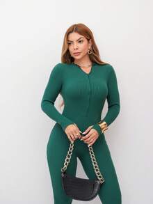 Virginia Ribbed Jumpsuit Tricot Modal With Zipper On The Front Great Quality Women's Jumpsuit Long Sleeve Fashion Style - Dark Green - View 4