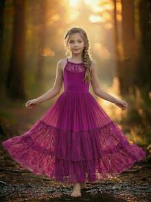 Tween Girls' Spaghetti Strap Holiday Dress With Hollow Back & Lace Details - Purple - View 5