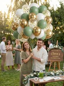 29PCS Green Gold Birthday Decoration, Metal Confetti Balloons Party Set Round Helium Balloon, Romantic Luxury, Retirement Party Wedding Birthday Graduation Celebration Home Decoration Birthday And Themed Party Supplies - Green Gold - 查看 1