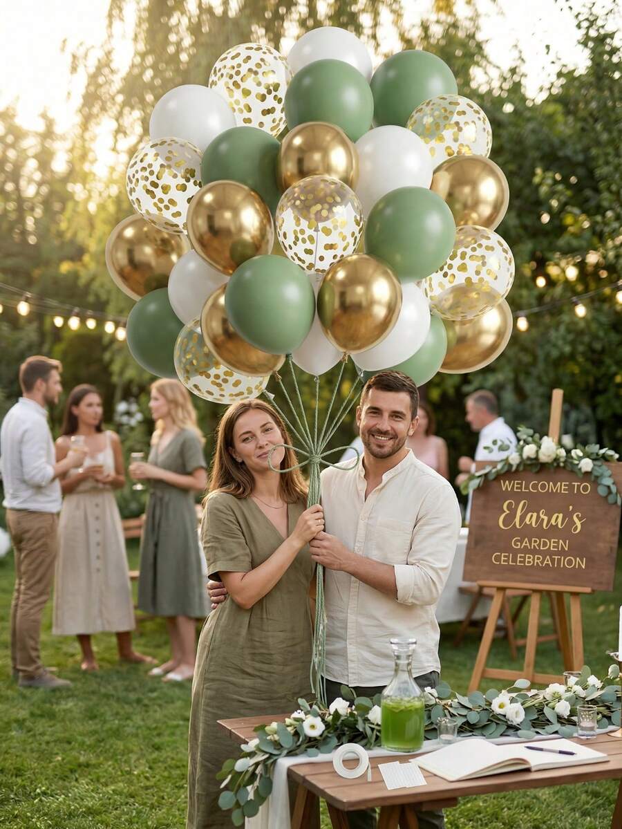 29PCS Green Gold Birthday Decoration, Metal Confetti Balloons Party Set Round Helium Balloon, Romantic Luxury, Retirement Party Wedding Birthday Graduation Celebration Home Decoration Birthday And Themed Party Supplies - Green Gold - 查看 1