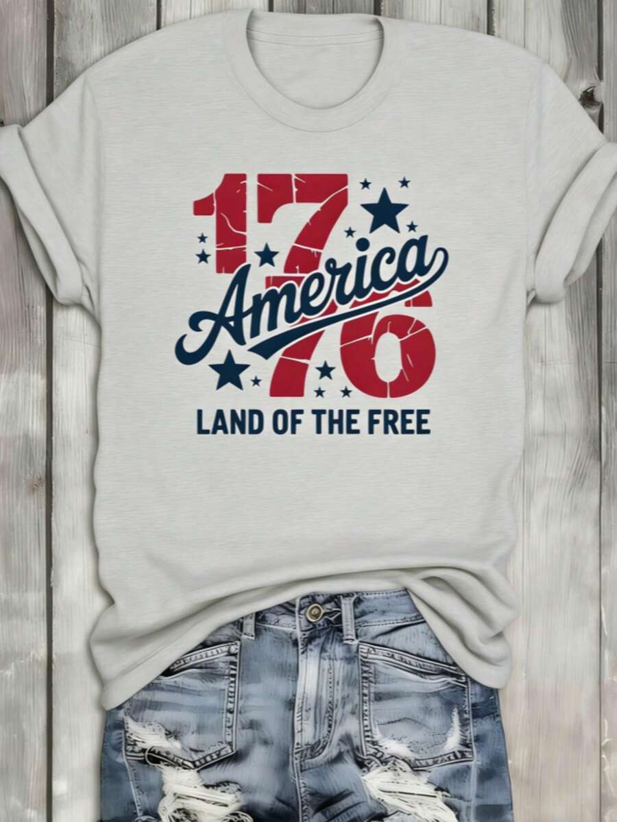 1 Piece Of 1776 American Freedom T-Shirt, Round Neck White Shirt, Women's "America 1776" T-Shirt – Vintage Distressed 1776 & Star Graphic Crew Neck Te - 灰色 - 查看 1