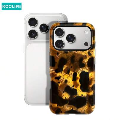Koolife 1pc Vintage Gold & Brown Leopard Print 2-In-1 PC+TPU Film Case, Glossy Hard Back, Anti-Fall Protective Cover, Compatible With Apple 17/17pro/17promax/17Air/16/15/14/13/12/11/7/8/7plus/8plus/XR/X/XS/XS MAX