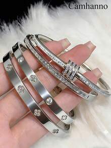 Camhanno 5/1pc Refined Graceful Stainless Steel Bangle Set, 5Pcs Seamless Stackable Design With Inlaid Decor & Mixed Accent, Blends With Work Attire And Evening Gatherings, Modern Mixed Style Enhances Any Look, Heartfelt Present For Close Companions On Special Days, Adds A Touch Of Sophistication To Intimate Dates And Daily Commute - Multicolor - View 2