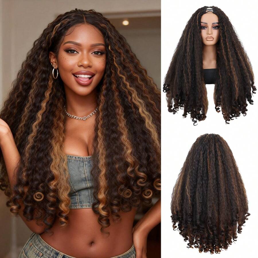 Tóc giả kiểu Afro xoăn chữ V, chất liệu tổng hợp, có kết cấu bện với những lọn xoăn bồng bềnh độc đáo ở phần đuôi, dài 20/26 inch, tóc giả dày dặn, kiểu chữ V dành cho nữ.