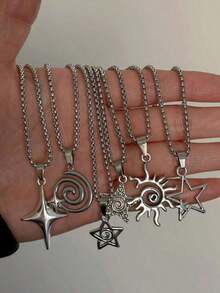 6pcs Vintage Gothic Style Necklaces, Star & Moon Pendants, Punk Hip-Hop Hala Pendants, Unisex Fashion Jewelry, Suitable For Daily Wear And Special Occasions, Ideal Gifts For Valentine's Day, Easter, Halloween - 龐克風項鍊六件套 - 查看 1