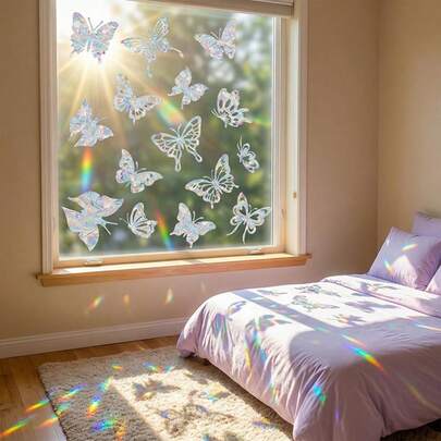 1/9 Set Butterfly Rainbow Prism Window Stickers, Cat Tulip & Bird Pattern Suction Cup Decor, Creative Geometric Static Cling Anti-Collision Glass Film, DIY Home Decor