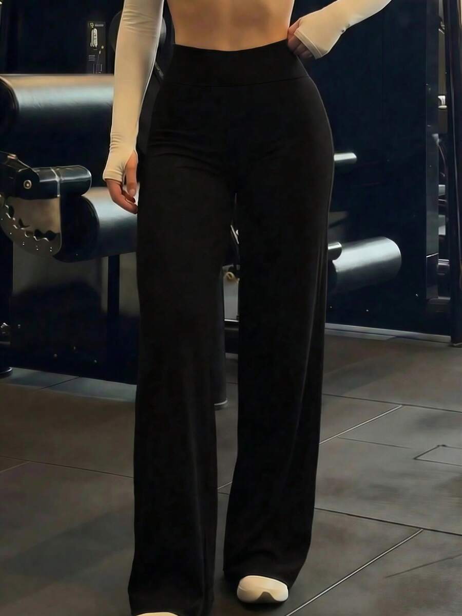 Solid Color Yoga Wide Leg Pants, Comfortable & Fitted, Suitable For Running, Fitness, And Various Yoga Activities Sports - Black - View 1