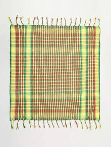 1pc Lightweight Geometric Tassel Patchwork Shemagh Scarf, Tactical Outdoor Camping Oversized Bandana Headwrap, Beach, Holiday, Travel Essential - Red, Yellow, Green - View 3