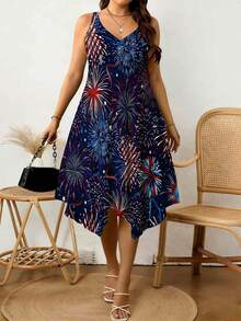 Fireworks Print Sleeveless V Neck Asymmetrical Hem Summer Dress For Women Plus Size Casual Beach Party Outfit 4th Of July Celebration Dress - 白色 - 查看 4