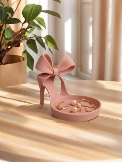 1pc Elegant Bow-Knot Shaped Ring Holder & Jewelry Display Stand, Pink Desk Storage Box, Shoe Rack, Jewelry Organizer Tray, Decorative Plastic Tray