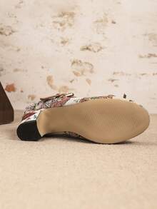 Spring And Summer Style, Random Animal And Floral Prints, Single Strap With Pin Buckle And Bowknot, Round Toe, Thick Heel, Rubber Sole, Vintage, Elegant And Fashionable, Women's Mary Jane High Heels, Suitable For Party/Wedding/Christmas/Autumn And Winter/Evening Dinner/Work/Back To School/Dating/Daily Wear/Dress Ball/Outdoor Activities - 棕色 - 查看 6