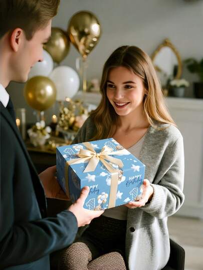 1 Cuộn Giấy Gói Quà Sinh Nhật | Nền Xanh Dương với Họa tiết Gấu, Sao và Số - Lý tưởng để gói quà sinh nhật lần thứ nhất, trang trí tiệc sinh nhật, trang trí sinh nhật theo chủ đề cổ điển và làm phông nền cho bàn tráng miệng - 43 cm * 300 cm (17 inch * 9,84 ft)