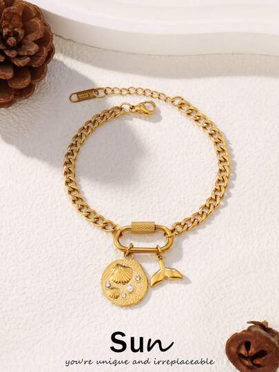 1 Stück Edelstahl Ozean Anhänger Armband für Frauen, modische Fischschwanz Muschel Multi-Element Verschluss Kette Armband Schmuck