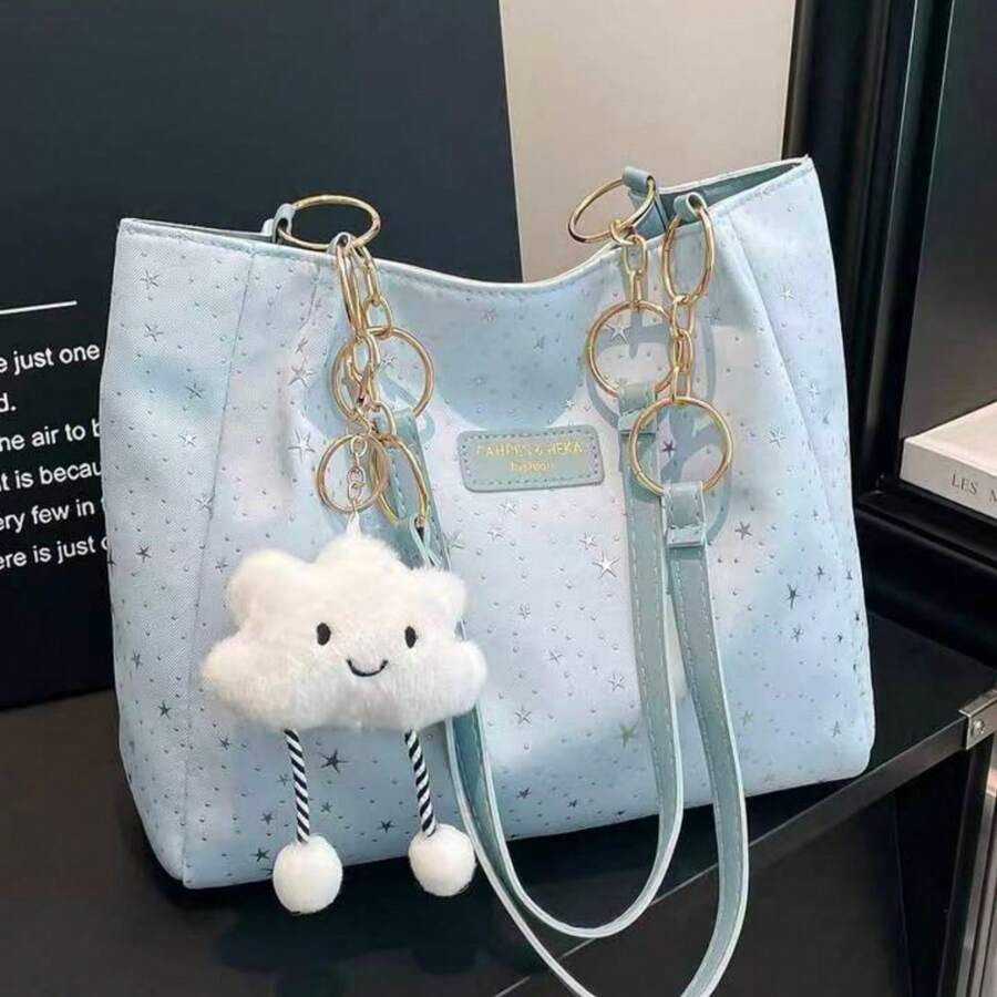 1pc Cloud Decor Star Pattern Polyester Large Capacity Zipper Shoulder Bag, Fashionable Daily Use For Women - Blue - View 1
