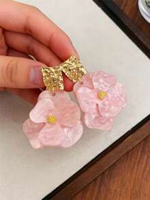 1 Pair Metal & Acrylic Flower Stud Earrings, Vintage Style Elegant Earrings, Luxury Jewelry Accessories For Women - 粉色 - 查看 5